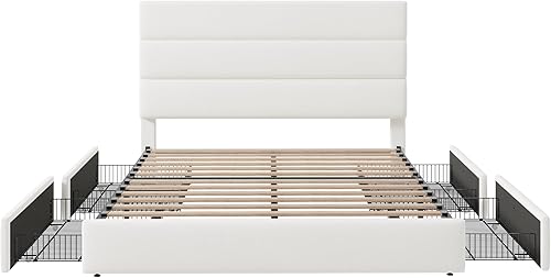 Miniatura 8 de Allewie Base de cama moderna de tamaño matrimonial con 4 cajones de almacenamiento y cabecera tapizada de terciopelo, soporte de listones de madera,