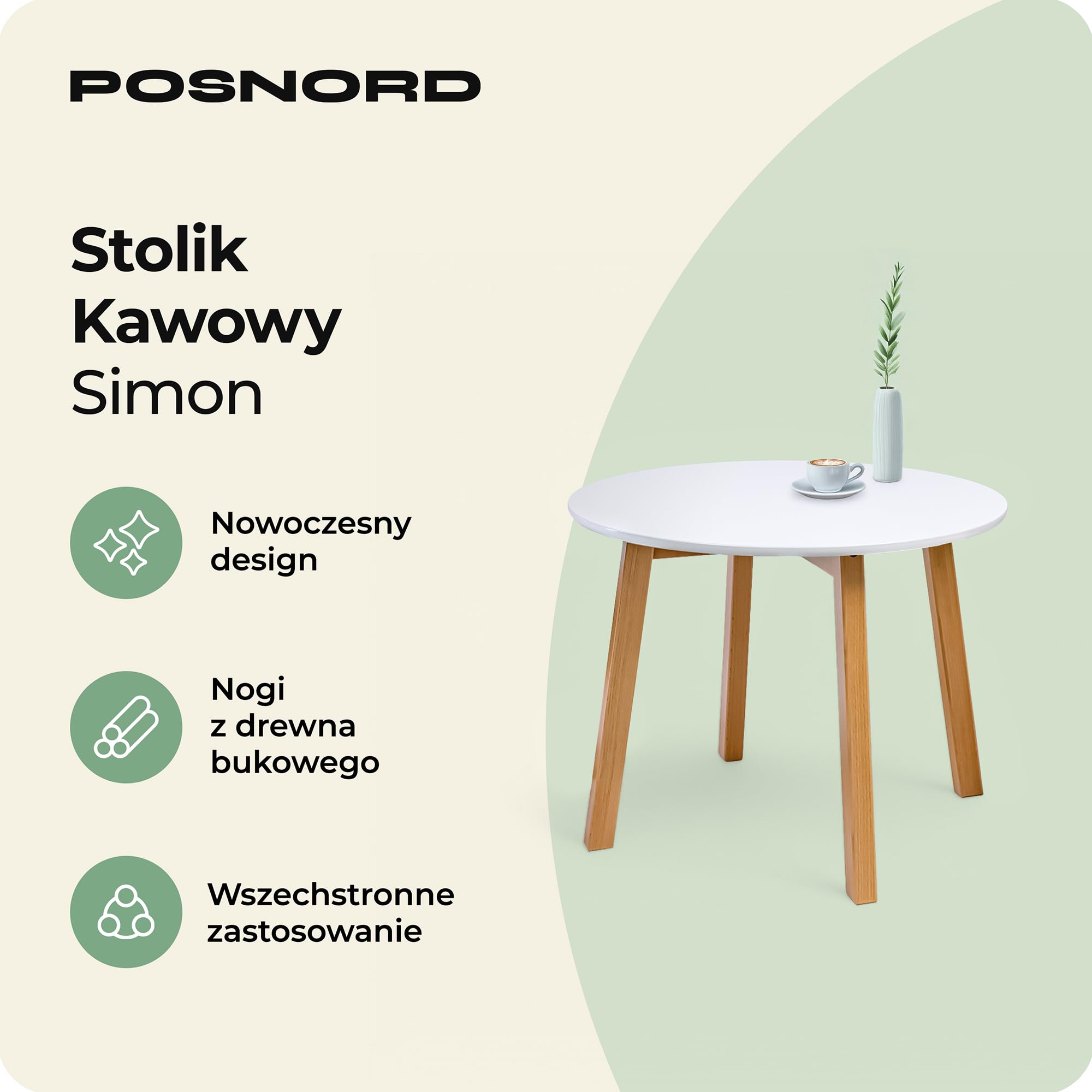Okrągły Stolik Kawowy 60 cm do Salonu - Stolik Pomocniczy z MDF z Bukowymi Nogami - Skandynawski Stolik na Kawę z Lakierowaną Powierzchnią Biały