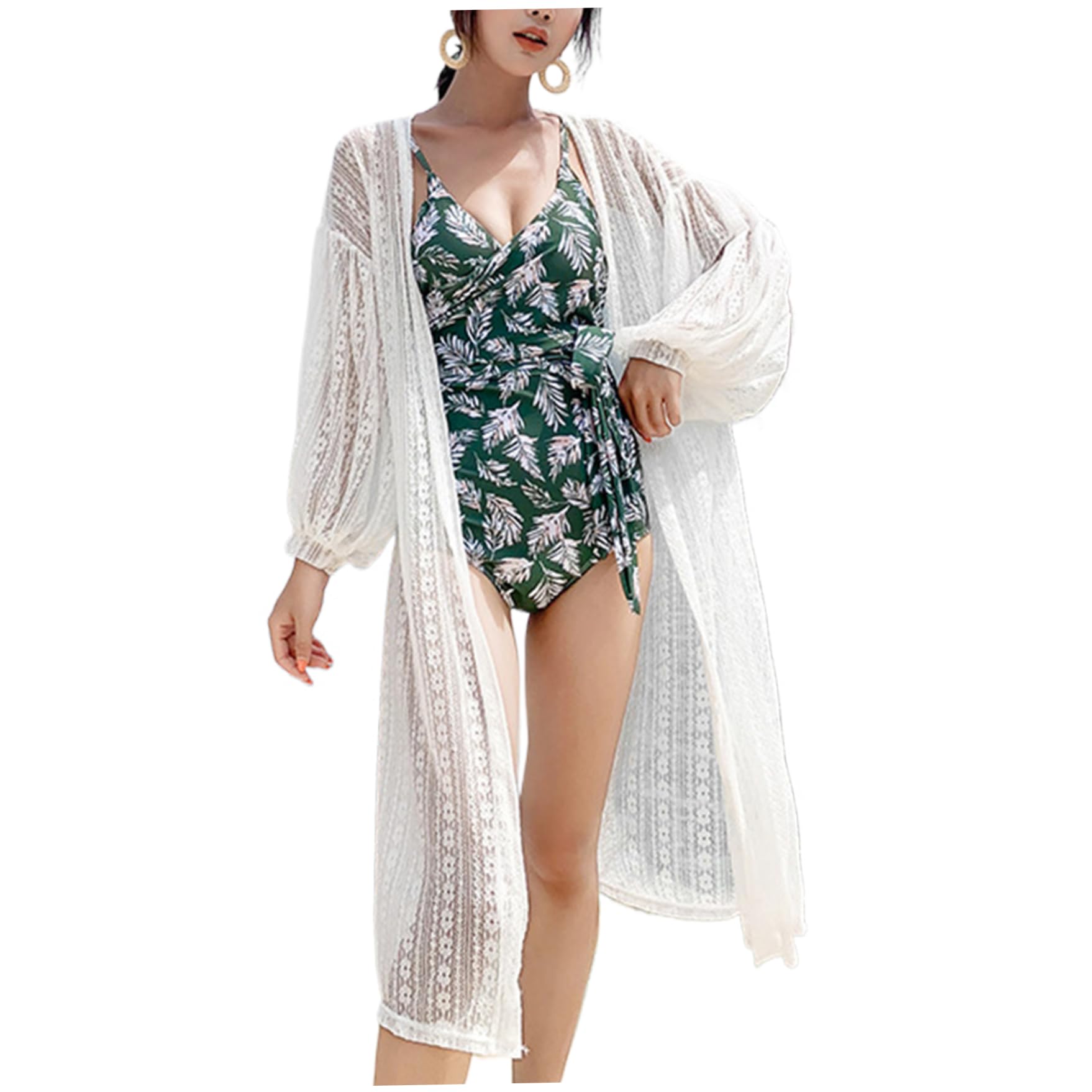 Generic Kimonos para Mujer Pareo de Encaje Blanco para Mujer Cárdigan Largo a Prueba de Sol para Mujer Kimono de Verano Suelto de algodón Transpirable para Nadar en la Playa