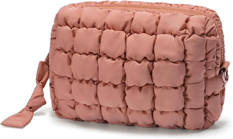Necessaire de maquiagem acolchoada Unilily com estampa matelassê Dust Pink e zíper