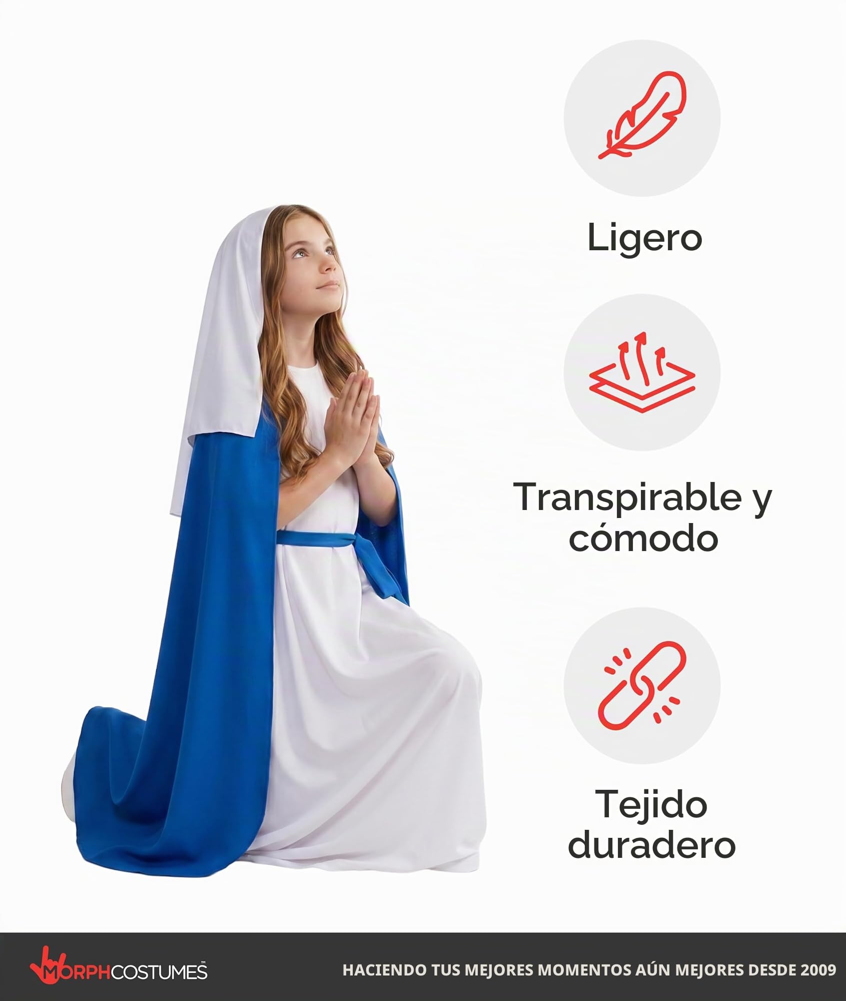 Morph Disfraz Virgen Maria Niña, Disfraz Belen Halloween Niña | Túnica Azul, Capucha, Cinturón & Capa Larga, Estilo Belén, Perfecto para Halloween, Ideal para Juegos de Rol