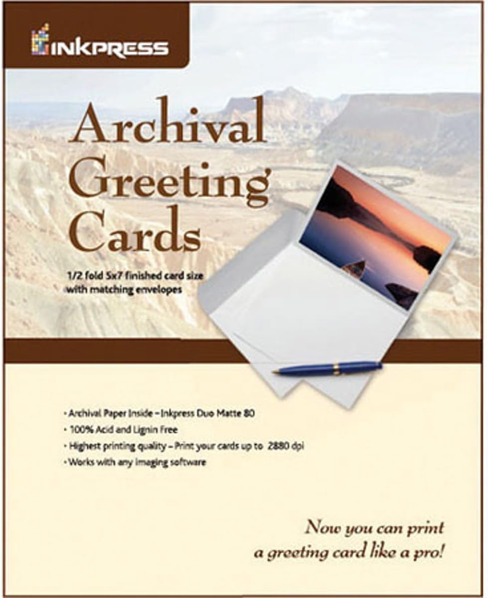 Inkpress Archival Greeting Cards for Inkjet 7x10" Scored Archival Greeting Card Paper, (Produces 5x7" Card), 100 Sheets with Matching Envelopes