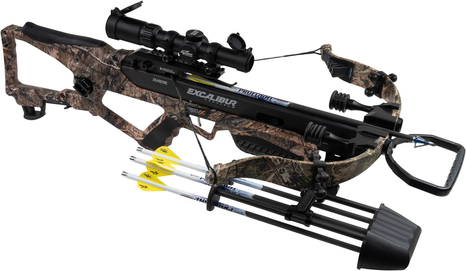 REV X Accurate Lightweight Quiet CeaseFire Archery Hunting Crossbow - Scope, Scope Rings, 4 Proflight Arrows with 100Gr Field Points, Rebolts Quiver Included