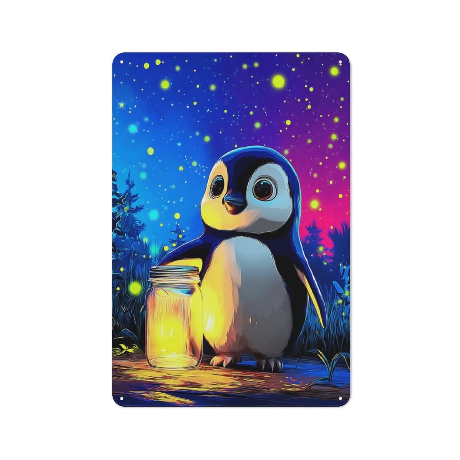 Junmoney Penguin With Glowing Jar -5 Metal Plaque With Design 30X20cm, Vintage Bistro Wall Plaque For Coffee Bar, Kitchen, Bistro Or Tea Corner