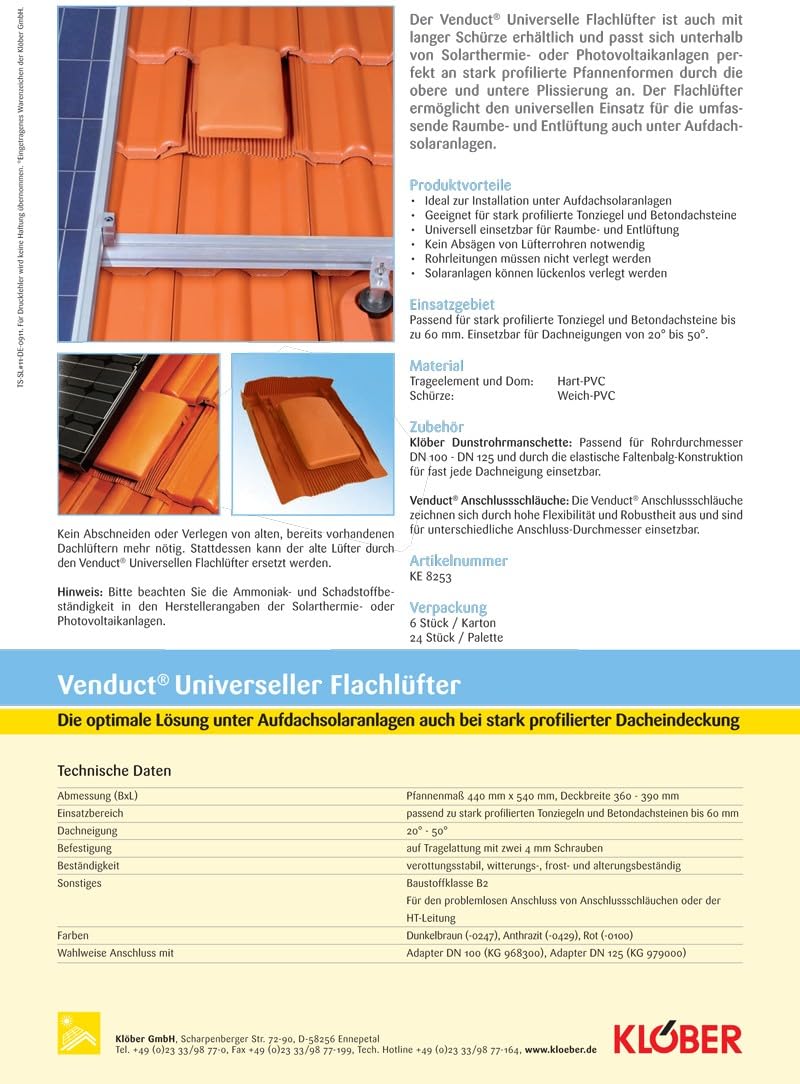 Klöber Flachlüfter DN100 rot Dachentlüftung Solar Universal Grundplatte Dachdurchführung