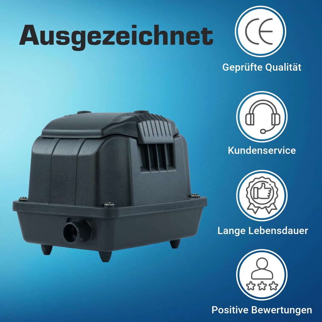 Teichbelüfter 600 L/H stufenlos regulierbar, 10 Watt Sauerstoffpumpe für Teich, Membranpumpe 10 L/Min, Teichbelüftung, Luftpumpe Teich, Belüfterpumpe für Gartenteiche, Teichbelüftungspumpe