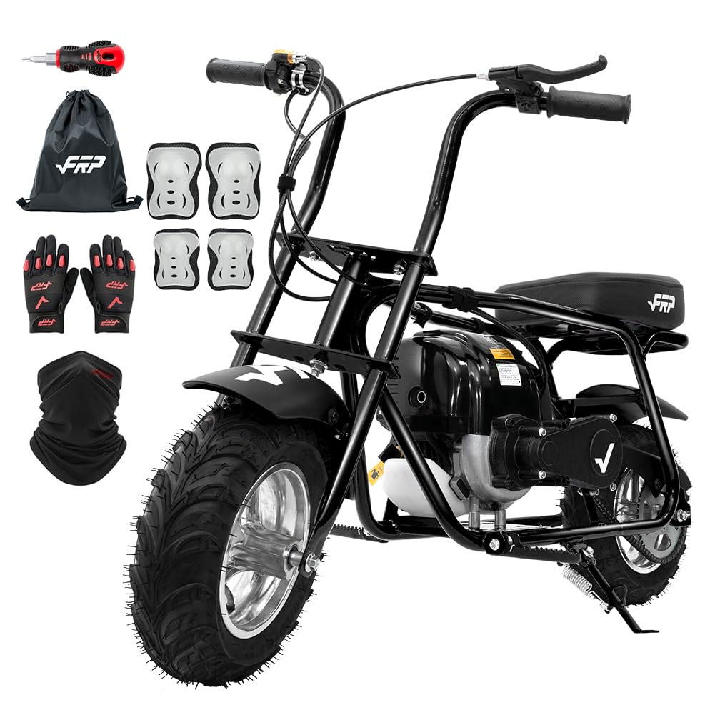 FRP MB40 4-Stroke Mini Bike, 40CC Kids Mini Dirt Bike with No Mixing Oil Need, Easy to Assemble,Goggles, Gloves and Neck Gaiter,18 Mph Max Speed and Support Up to 165 LBS (Black)