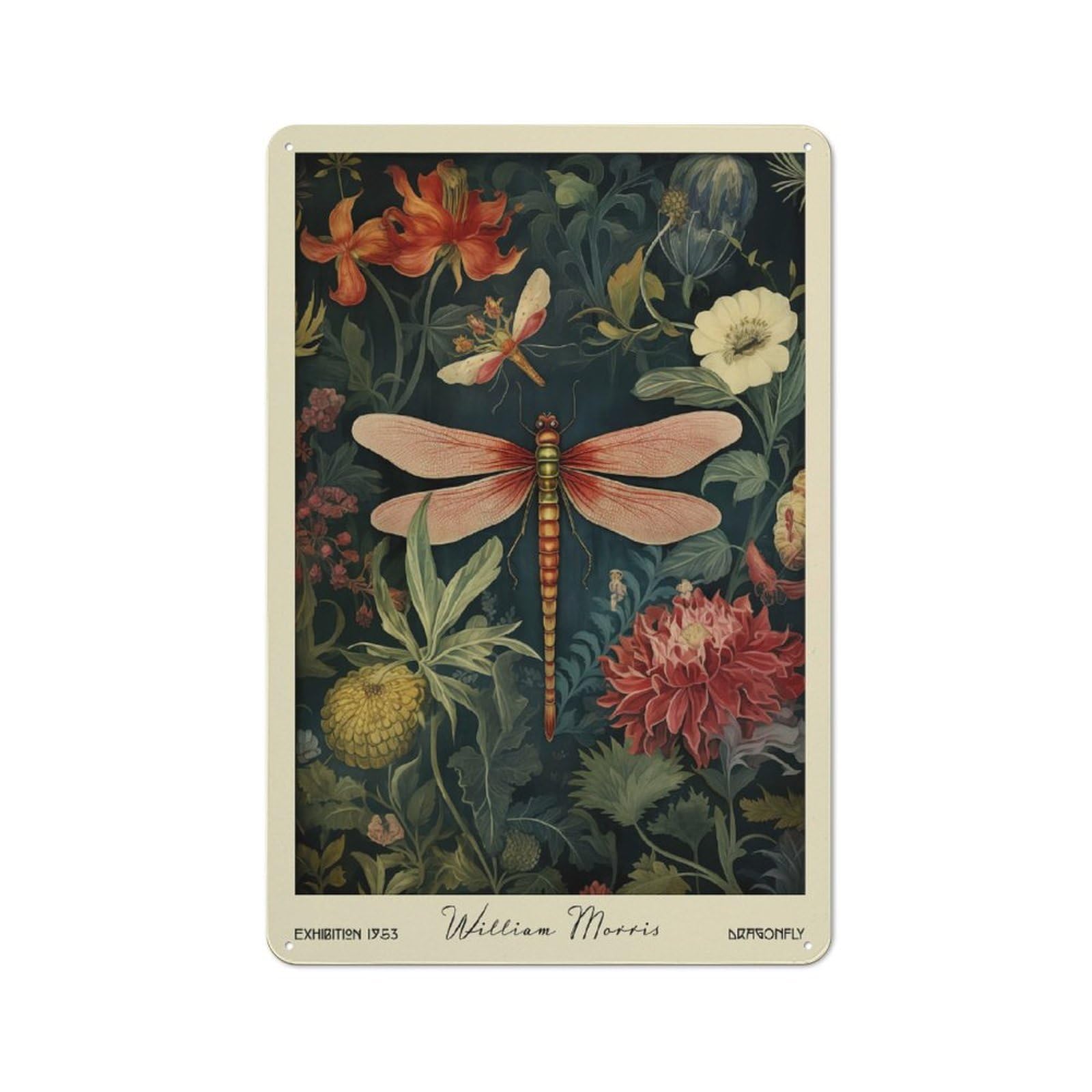 Junmoney Style-4 Garage Style Metal Wall Sign 30X20cm Featuring Dragonfly William Morris Floral, Shed Wall Plaque For Tool Room, Garage, Studio Or Home Bar