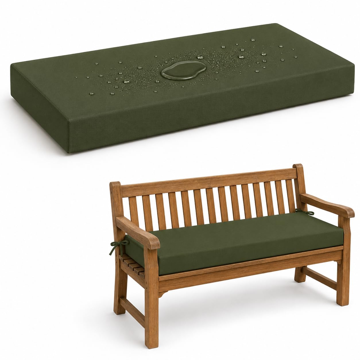 AZMAHT Waterproof 2/3/4 Seater Bench Cushion, Polyester Garden Bench Pad with 50D Foam 5Cm, Anti-Slip Ties, Removable Cover for Patio, Lawn, Indoor Outdoor Seats,Army Green,120x35x5cm