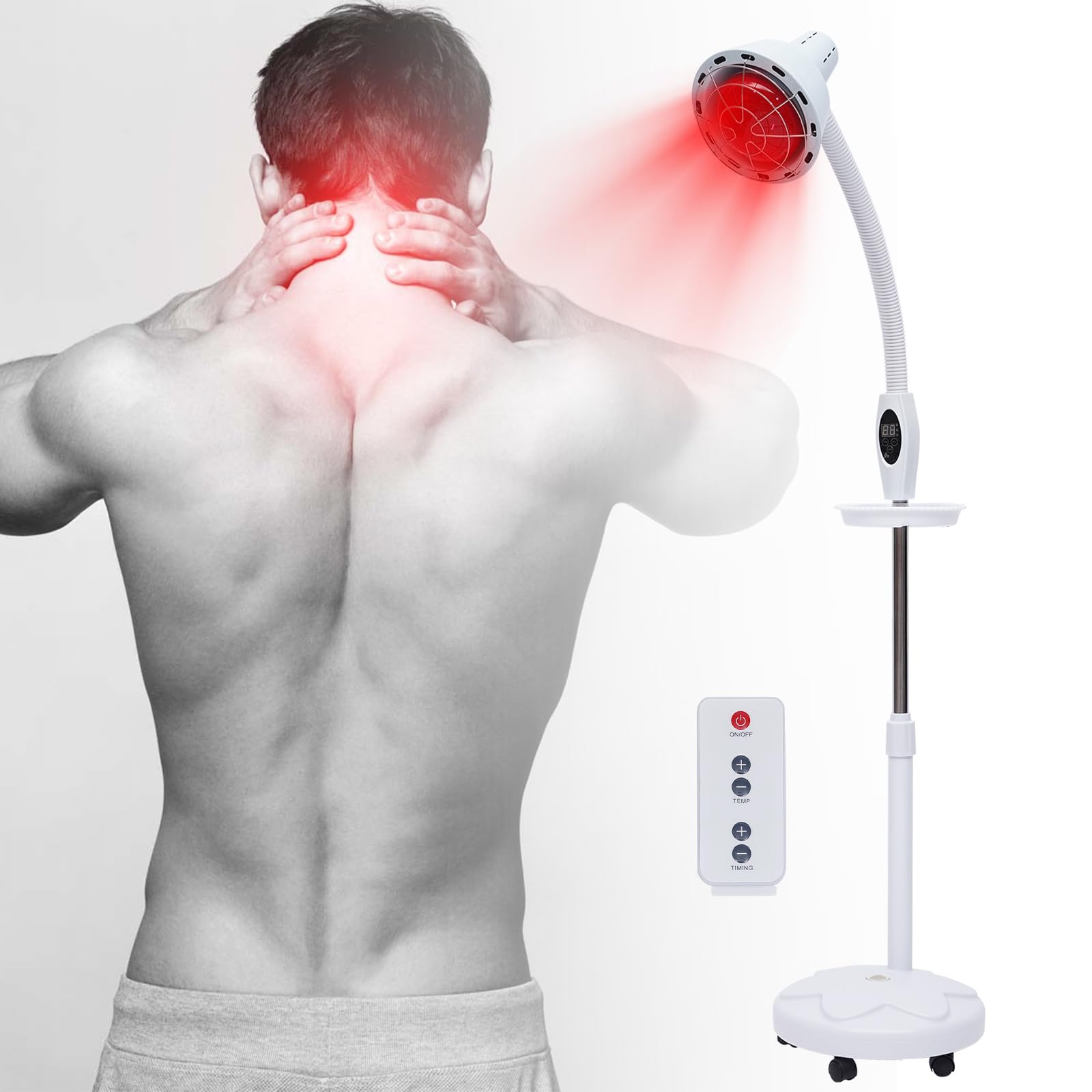 DIFU 275W Rotlichtlampe Infrarotlampe 10 Gang Wärmelampe 360° Drehbar Therapielampe mit 5 Allrichtungsräder, 8-70℃ Temperatur-Einstellber & Timing-Einstellber