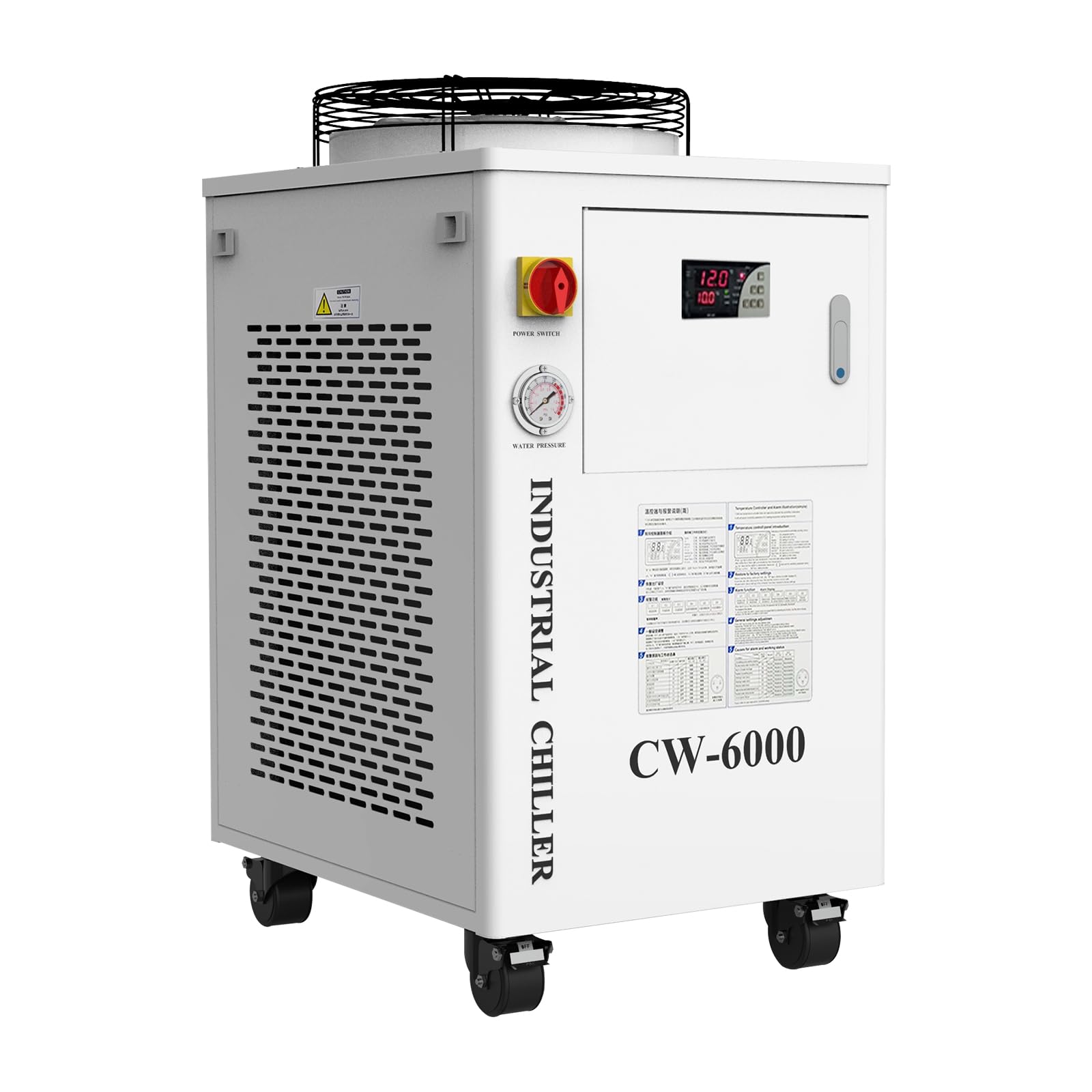 Garvee Industrial Water Chiller, CW-6000 Industrial Thermolysis Type Water Chiller,15L Capacity 8.7gpm Water Cooling System for CO2 Laser Engraving & Cutting Machines, Cools 9125 BTU/Hour, Sliver