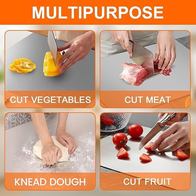 Image of HOMEZE 304 Stainless Steel Chopping Board 51 x 41 cm - Rust Proof, Non‑Slip & Heavy Duty Counter Top Cutting Board with Lip, Smooth Round Edge - for Cutting Vegetables, Fruits, Meat & Kneading Dough