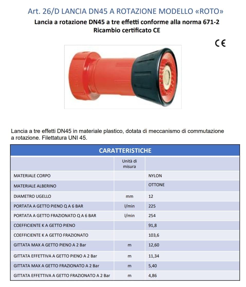 LANCIA ANTINCENDIO UNI 45 "ROTO" A TRE EFFETTI ROTAZIONE A NORMA UNI EN 671-2