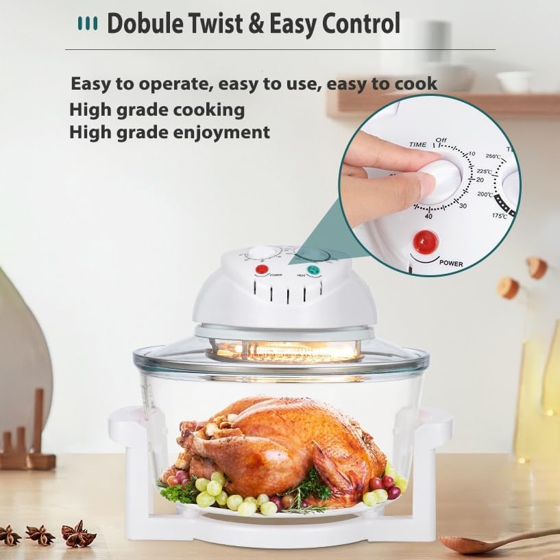 A hand adjusting the time and temperature knobs on the air fryer's control panel.