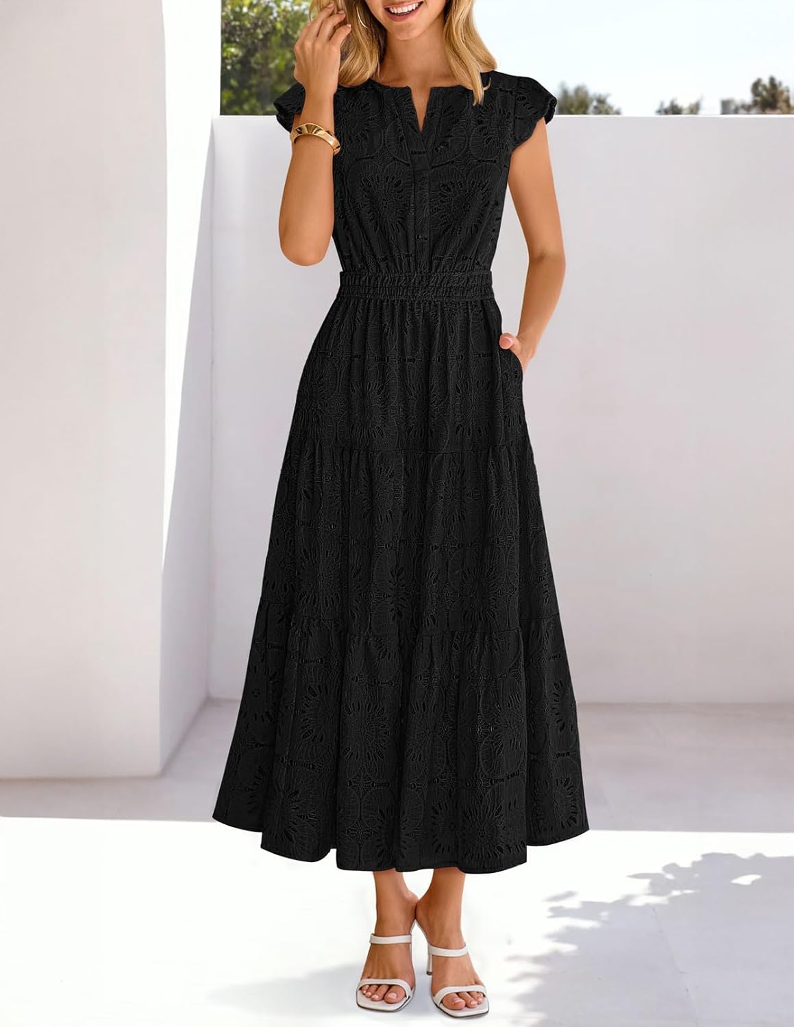 MEROKEETY Women's Summer Lace Eyelet Maxi Dress 2026 Spring Casual Boho Flutter Sleeve Tiered Flowy Beach Vacation Dresses - Image 9