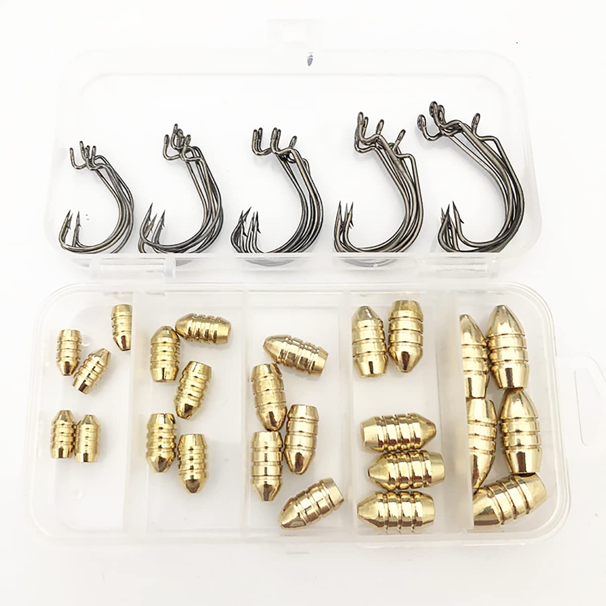 Brass Fishing Weights Kit - 10g 7g 5g 3.5g 1.8g Brass Hollow Sinkers Fishing Copper Weights with Hooks, Freshwater Saltwater Fishing Tackle [50PCS]