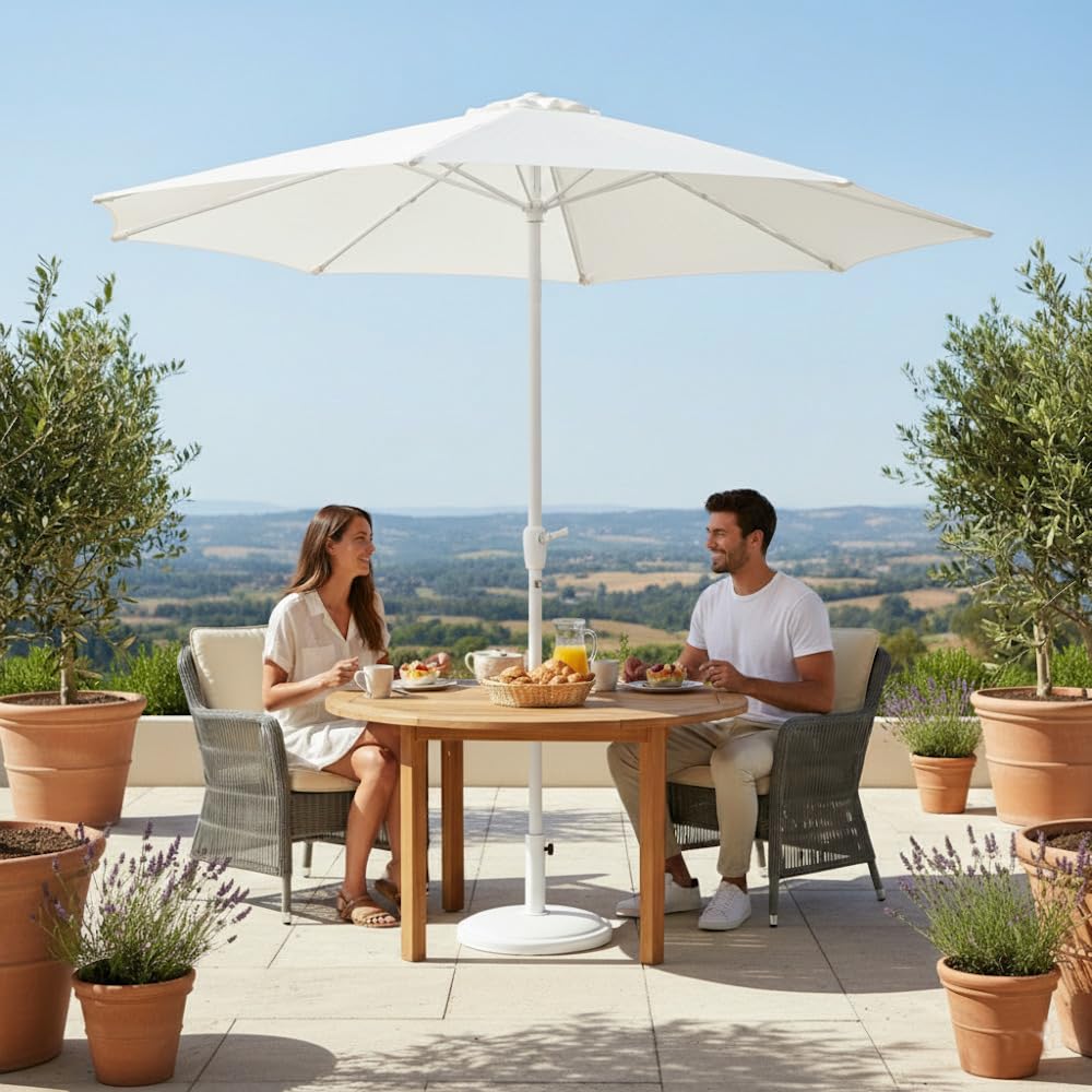 LOLAhome Parasol +RESISTENTE, circular, mástil fijo Ø48mm de aluminio, con Antiviento y Manivela, Elegante y Duradero, tratamiento Anti-corrosión, Para Exterior, Jardín - Tessa Alba