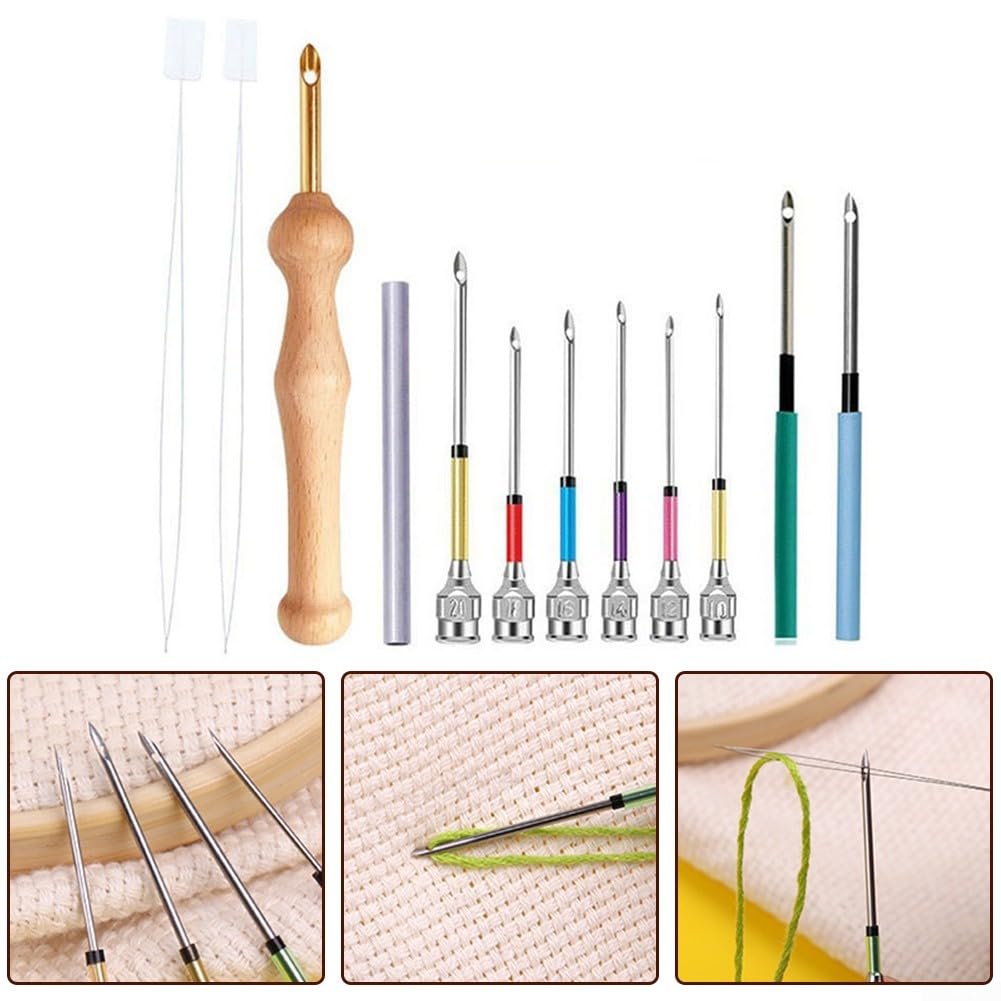 Kit di aghi da ricamo con manico in legno, punte in lega per cucire, arte fai da te su tessuto per decorazioni domestiche e abbigliamento (set 2)