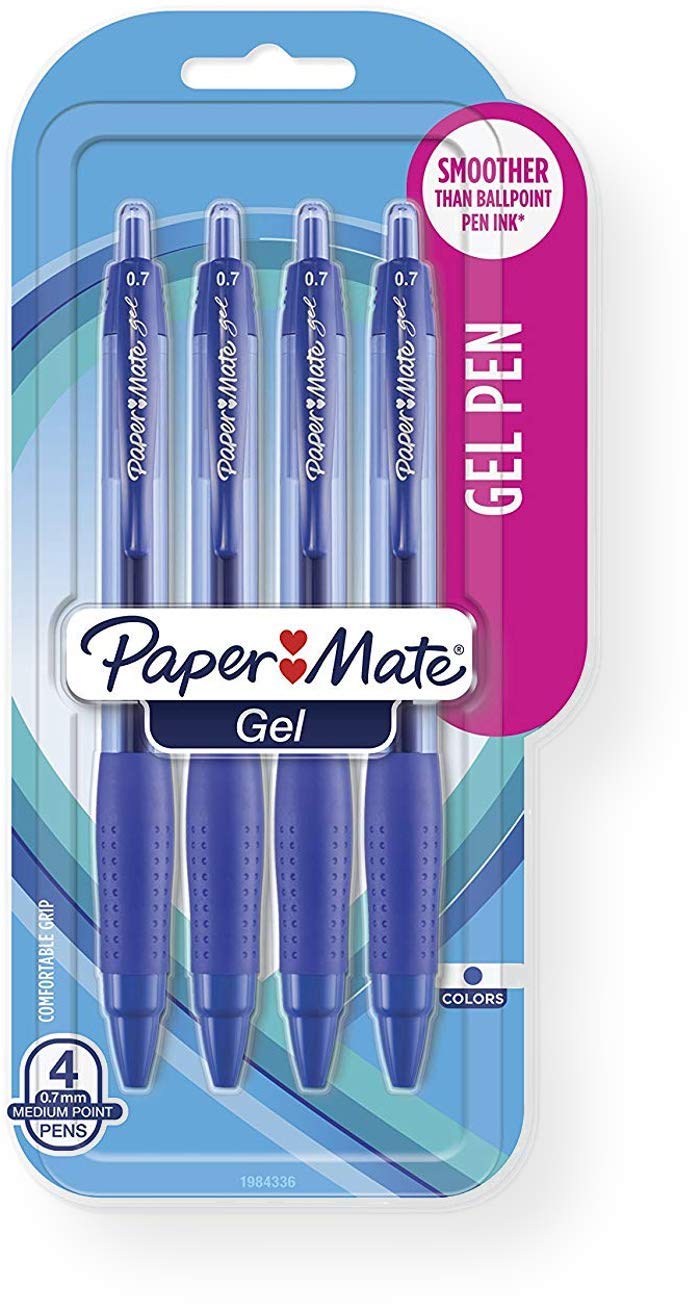 Paper Mate 1984336 Blue Gel Ink Pen, Medium 0.7mm Tip, Comfortable Grip, Translucent Ink Window, Pack of 4