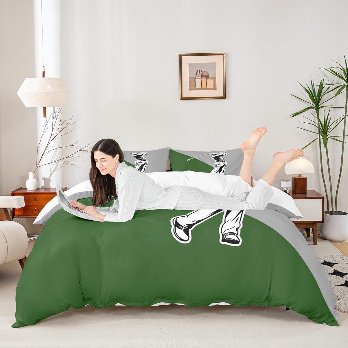 Golf Kids Duvet Cover Set Queen Size,Ball Sports Games Modern Fashion Bedding Set,Boys Girls Adults Room Decor,Geometric Patchwork Chic Comforter Cover,Grey Green Unique Quilt Cover,2 Pillowcases