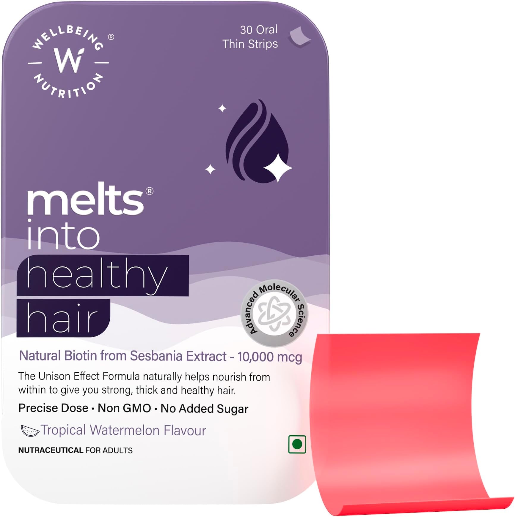 Wellbeing Nutrition Melts Healthy Hair | Plant Based Biotin for Hair Nourishment, Strength and Thickness with Zinc, Bamboo Extract, Folic acid (30 Oral Strips)
