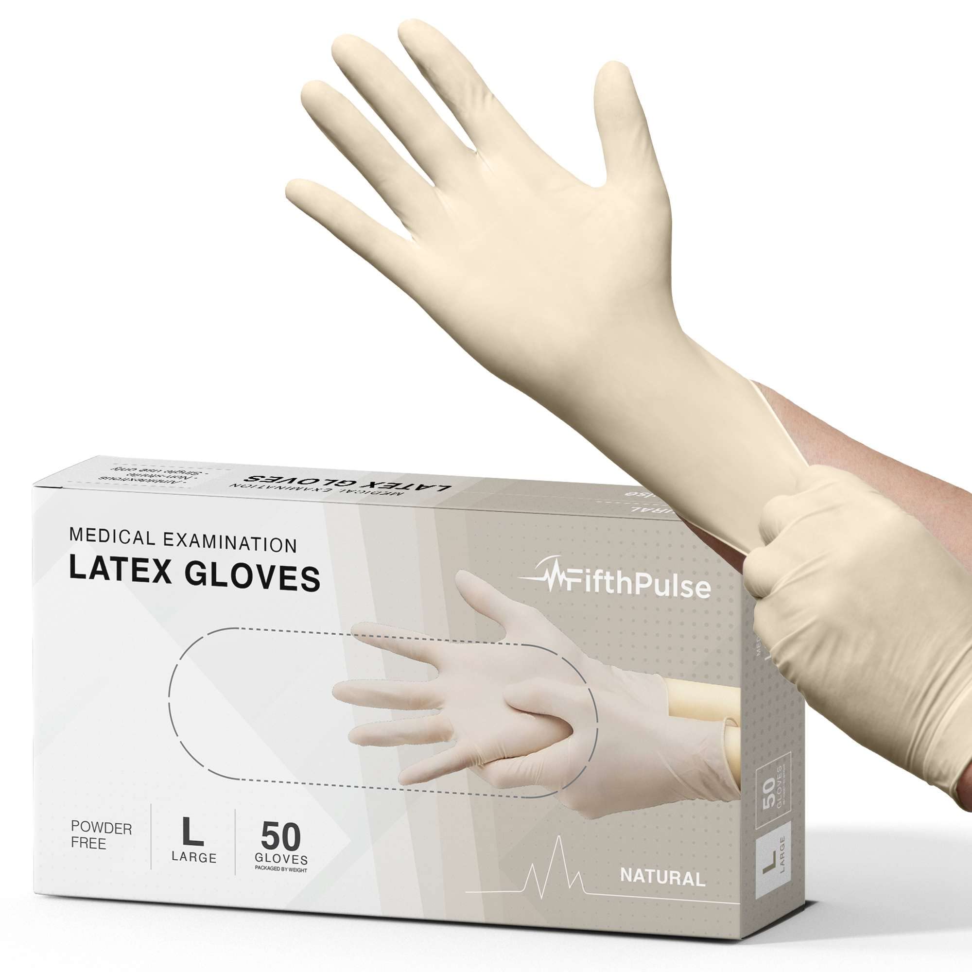 FifthPulse Medical Examination Latex Gloves - Extra Thick 4.5 Mil, Natural Color, Powder Free Disposable Gloves
