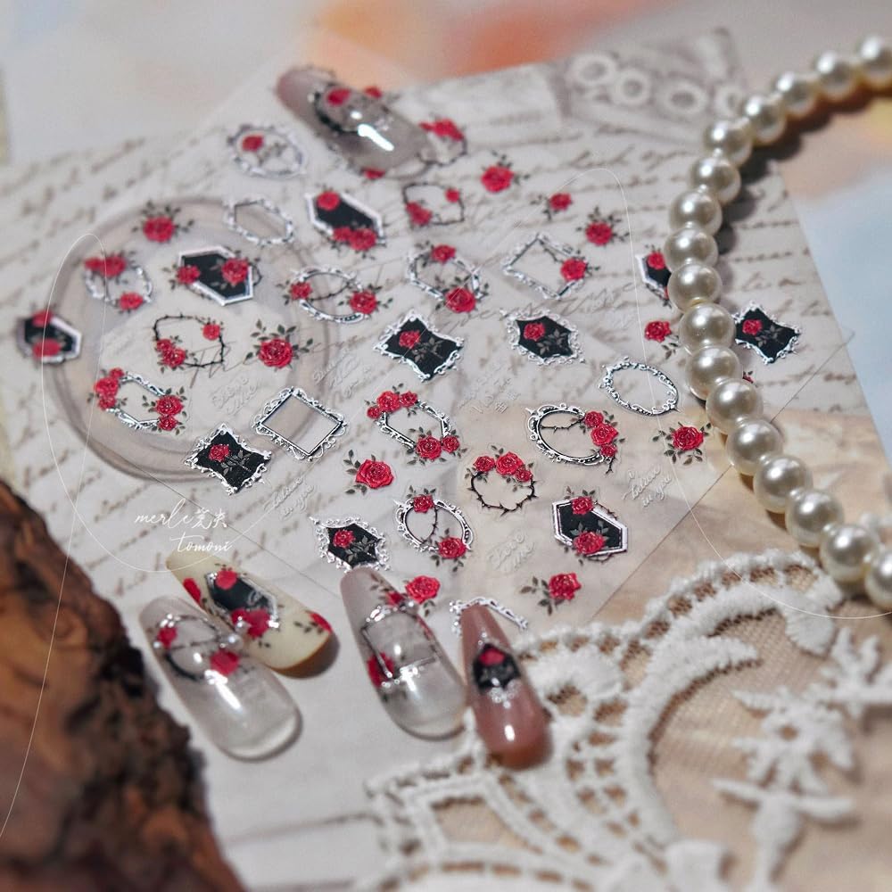 Black Mirror Nail Stickers 5D Embossed – Premium Salon-Quality Nail Charm Accessories, Easy Application & Self-Adhesive for DIY Manicure, Gothic Red Rose Metal Nail Art, Press on, Home or Salon Use image 5