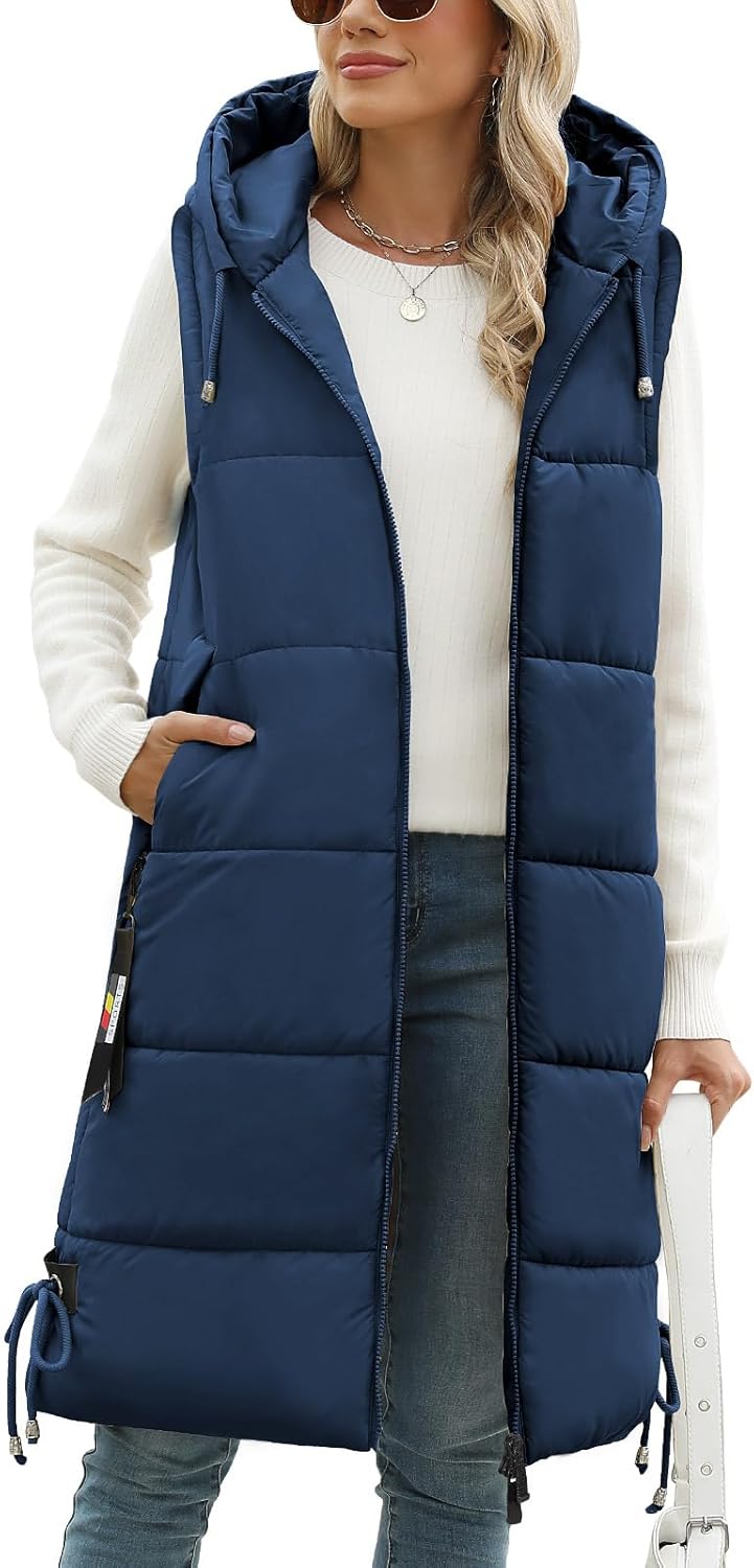 HEEKPEK Women Long Hooded Puffer Vest Winter Warm Quilted Sleeveless Down Jacket Casual Trendy Full-Zip Outerwear Drawstrings - Image 9