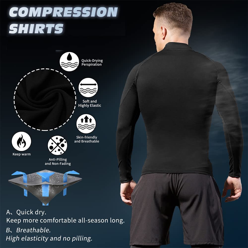 Yuerlian Top a compressione da uomo a maniche lunghe da corsa e palestra, ad asciugatura rapida, per sport, primo strato, allenamento, fitness, top a collo alto