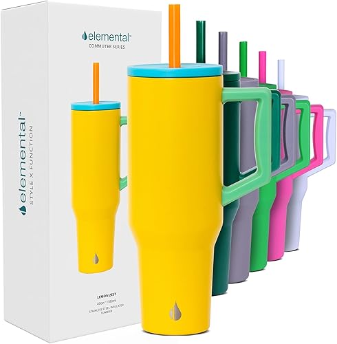 Elemental Vaso de 40 onzas con asa y popote - A prueba de derrames, aislado de acero inoxidable para uso diario - Taza de café de viaje con 2