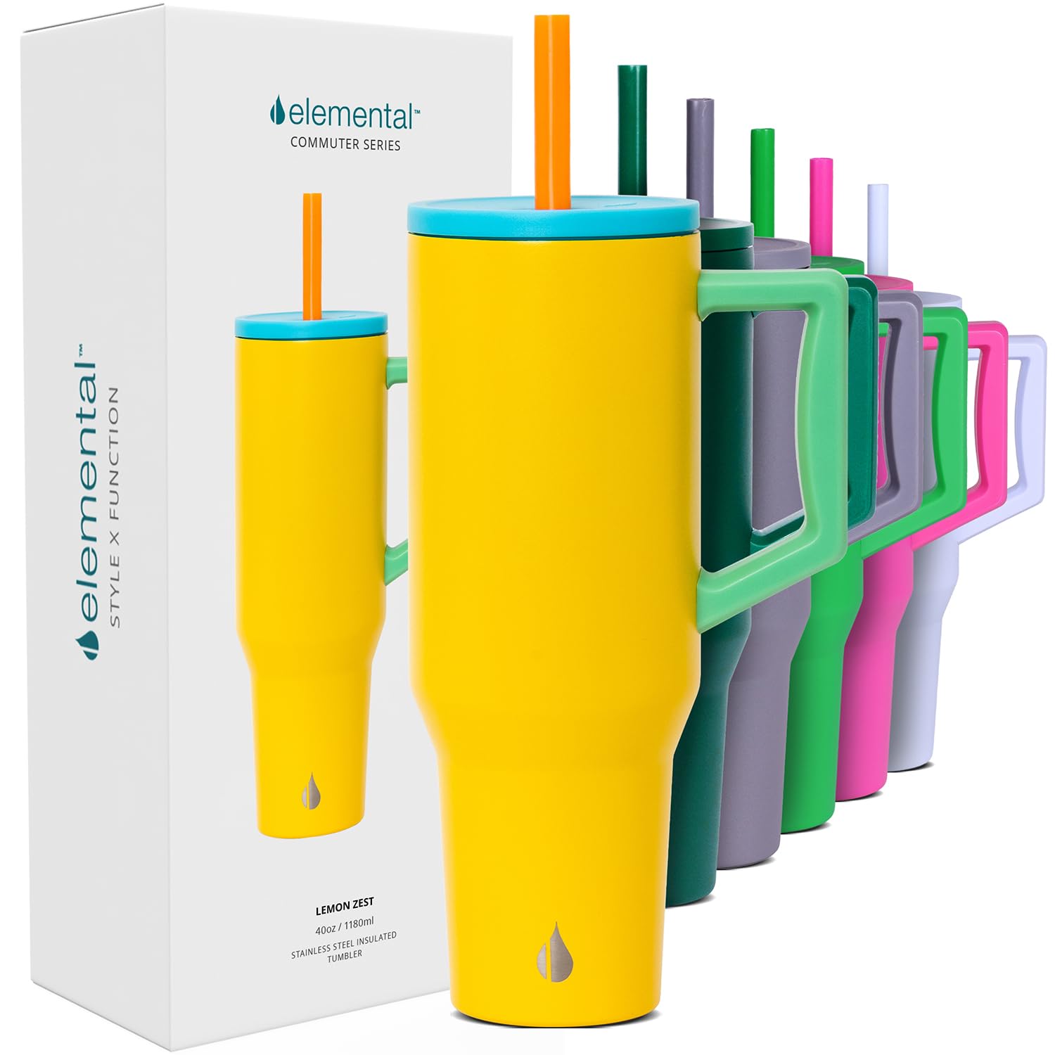Elemental40 oz Tumbler with Handle and Straw - Spill Proof Insulated Stainless Steel Commuter for Hot and Cold Beverages - Travel Coffee Mug with 2 Straws & Spill Proof Lid - 40oz - Lemon Zest