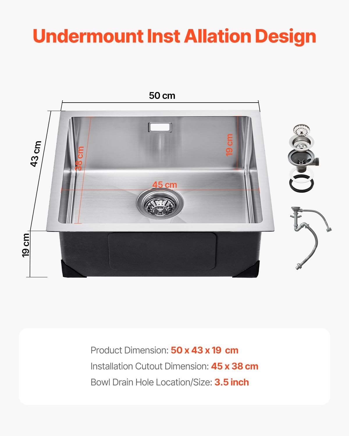 VEVOR Lavello da Cucina da 50 cm Lavello Sottopiano in Acciaio Inossidabile 304, Vasca Singola da Incasso Stile Rustico con Accessori, Lavello per Uso Domestico per Camper, Cucina di Preparazione, Bar