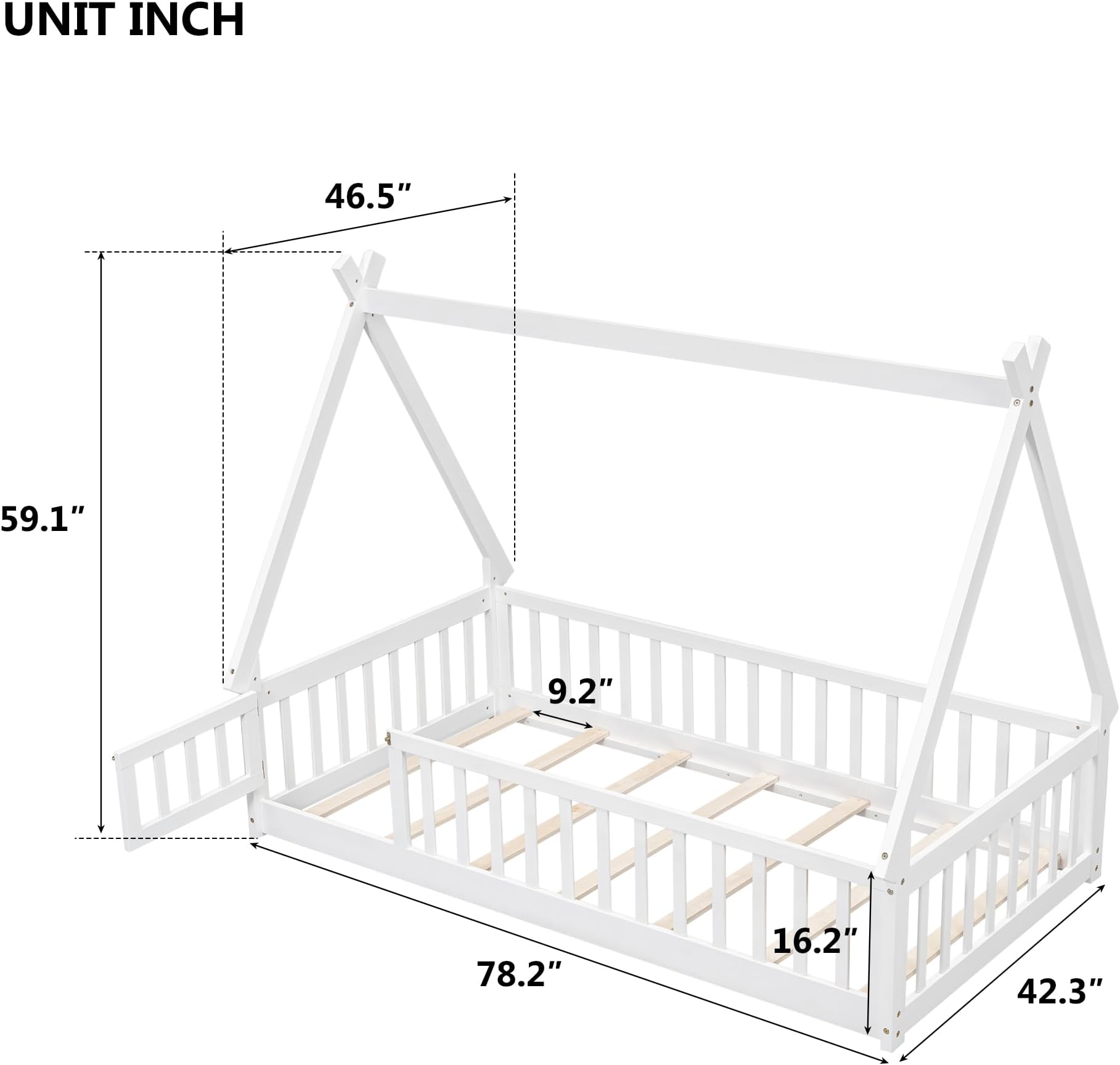 Twin Floor Bed for Kids Tent-Shaped Montessori Floor Bed with Slats and Guardrails Twin Size Wood Teepee Bed Frame with Fence and Door for Boys Girls, White
