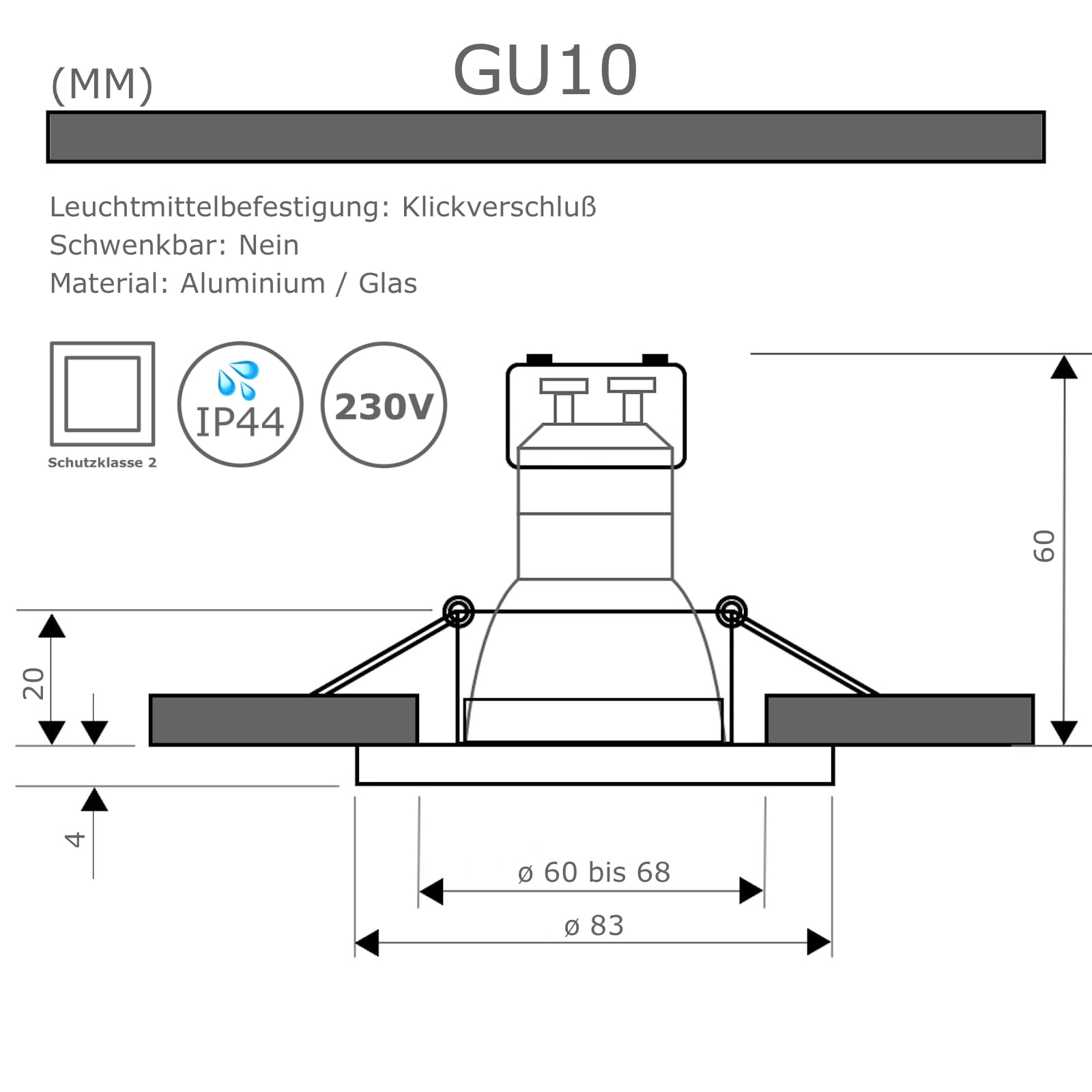LED Bad Einbaustrahler 230V inkl. 10 x 5W LED LM Farbe Eisen geb. IP44 LED Einbauleuchte Neptun Rund Neutralweiss Feuchtraum Dusche Innen oder Aussen geeignet Rostfrei LED Spots
