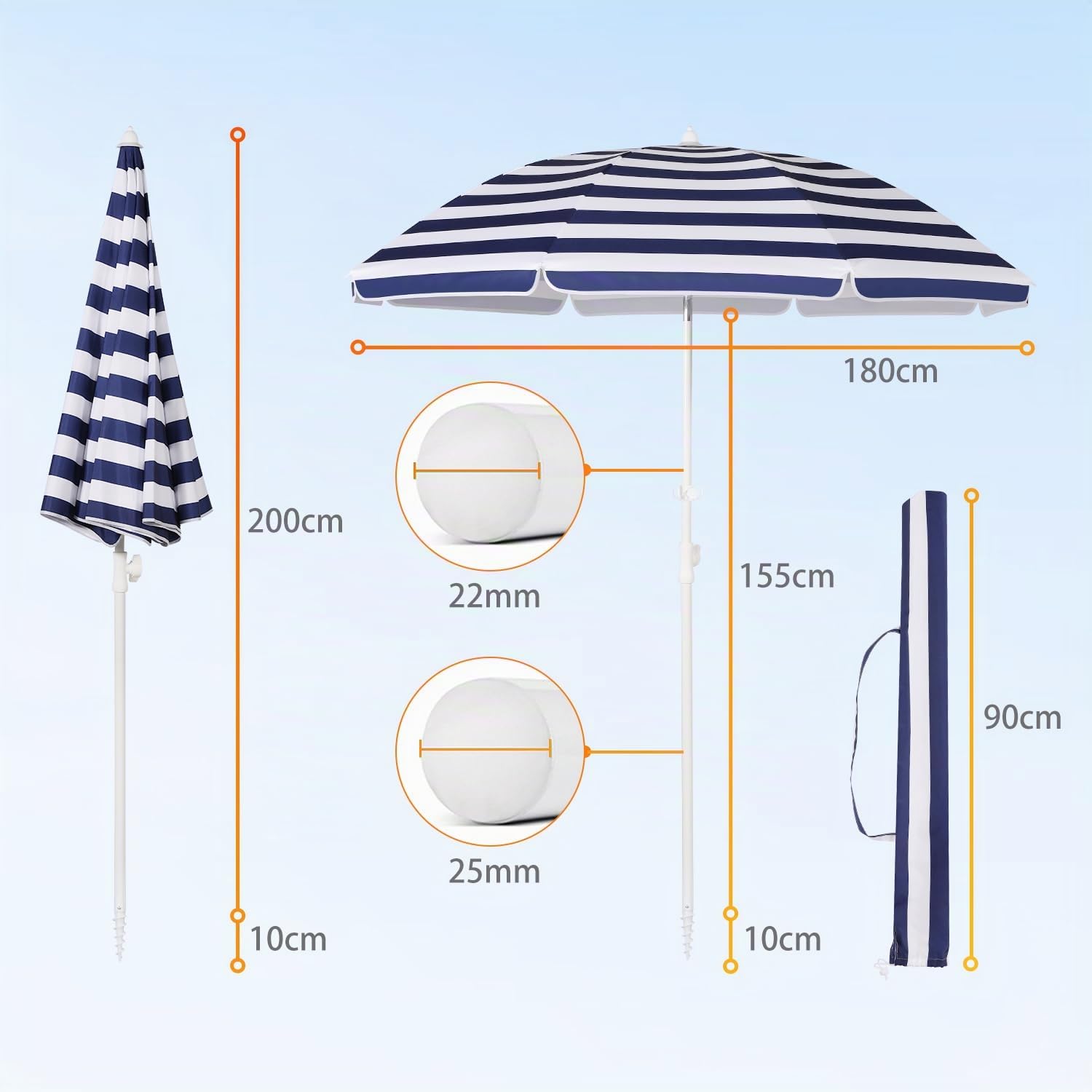 Sekey Ombrellone da spiaggia con picchetto, copertura per ombrellone e gancio, ombrellone stabile con otto balene, per balcone, giardino, terrazza, angolo di inclinazione e altezza regolabili