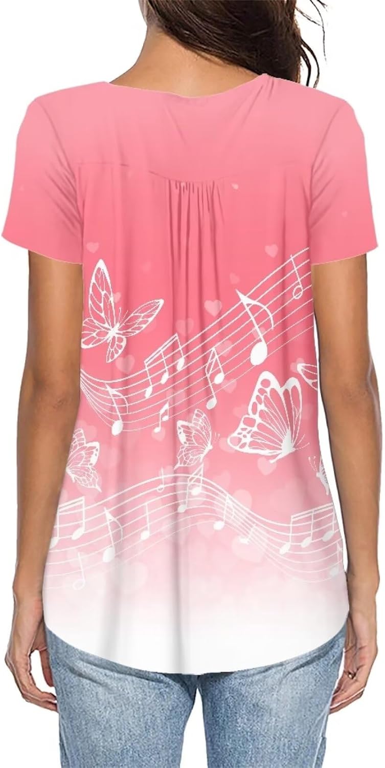 Rose Tunic Tops for Women Blue Rose Short Sleeve Flare T-Shirts Rose Flowers V-Neck Button Up Pleated Top