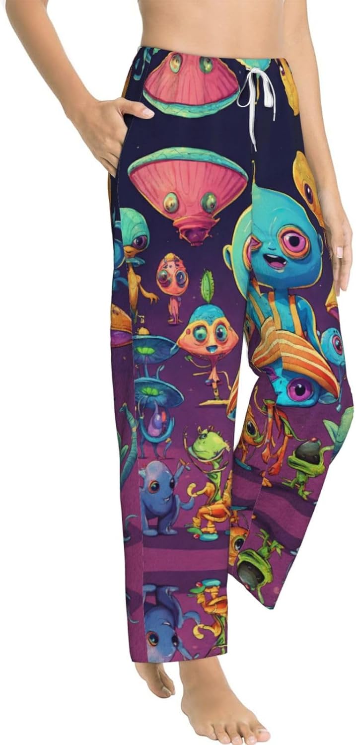 Astronaut And Alien Print Cozy Women'S Flannel Pajama Pants,Perfect For Christmas And Everyday Comfort