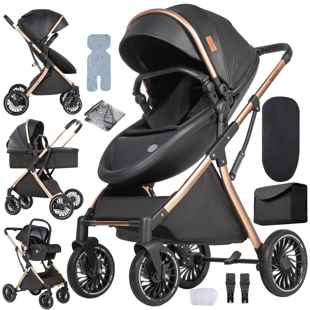 Passeggino 3 in 1 pieghevole reclinabile per neonati e bambini piccoli, ruote per tutti i terreni, con accessori (Nero)