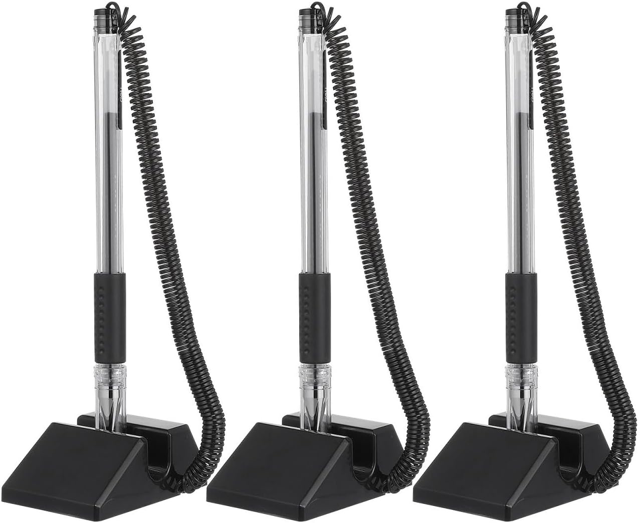 NUOBESTY 3Pcs Security Pens with Chain, Adhesive Counter Pen Holder Black Gel Ink Desk Pens with Stand Coil Leash for Bank Teller, Reception Desk, Home School Office Supplies