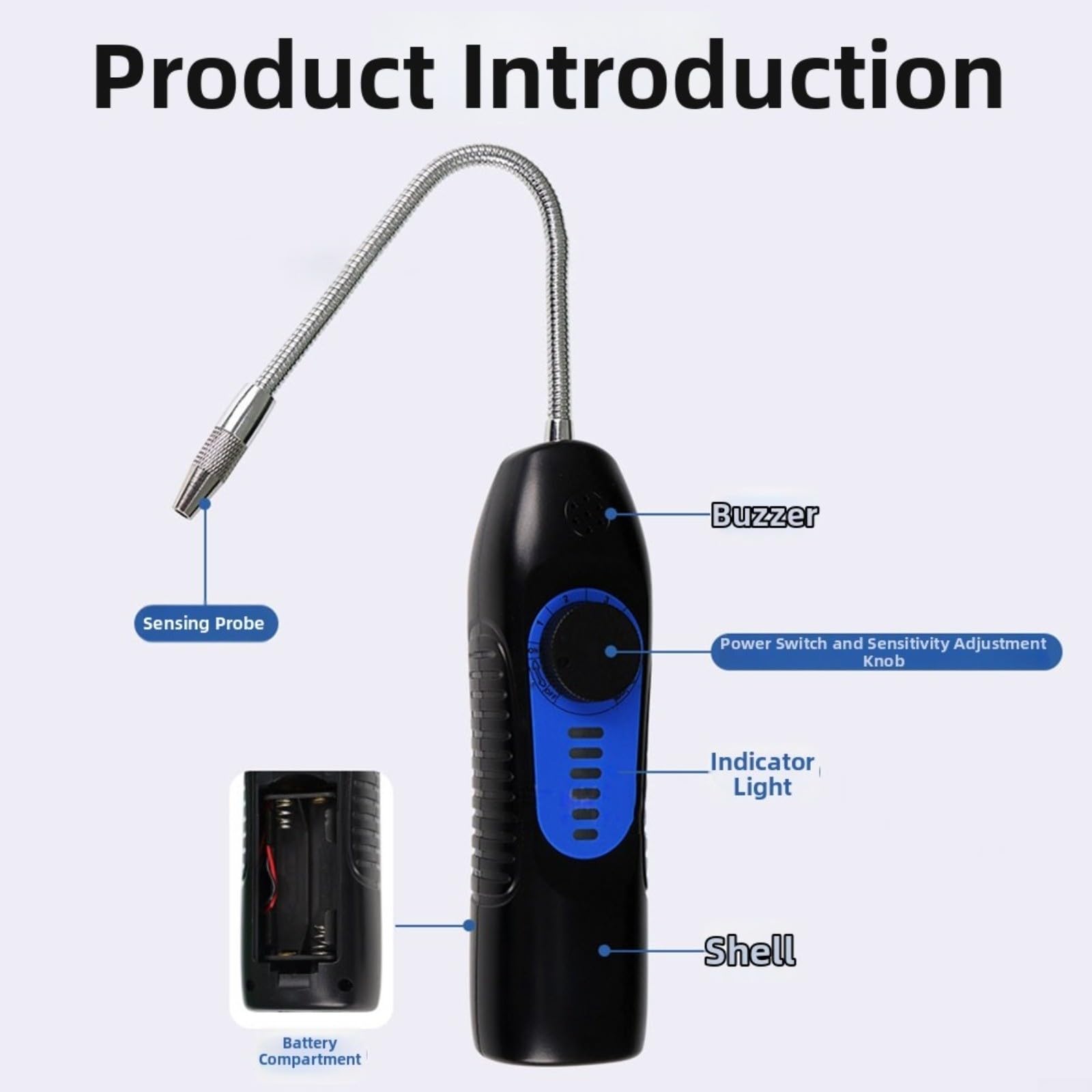 Detector de fugas halógeno para aire acondicionado de coche, detector de fugas de refrigerante con precisión de 3 g/año, sonda flexible y alarma acústica, color negro