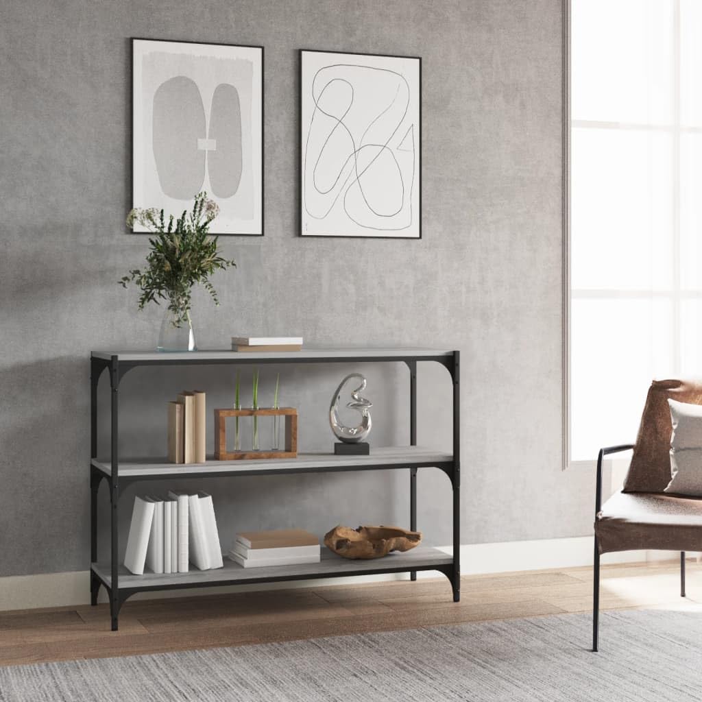 Libreria grigio Sonoma, 100 x 33 x 70,5 cm, in legno e acciaio, scaffale industriale per soggiorno con 3 ripiani, scaffale piatto per ufficio e corridoio