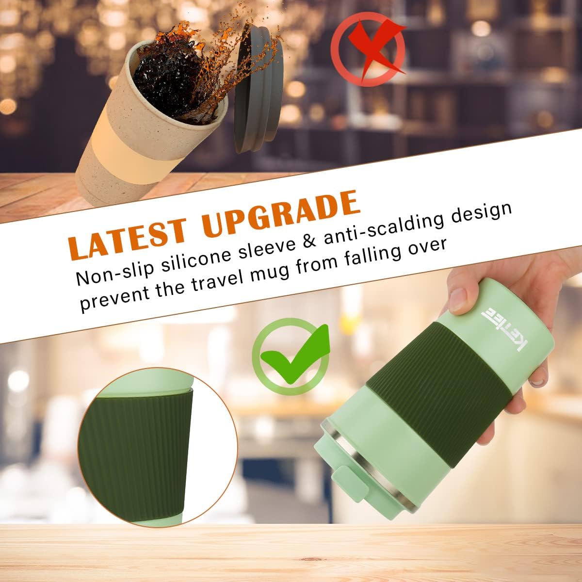 KETIEE 510ml Insulated Travel Mug With Leakproof Lid - Double Walled Stainless Steel Cup for Hot and Cold Drinks - Green - Image 4