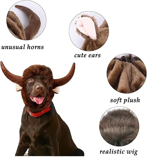 Miniatura 5 de Bonita peluca de cuerno para perro, suave disfraz de toro de Halloween para mascotas, gorro de buey cálido, peluca para perros, gatos, cuernos de