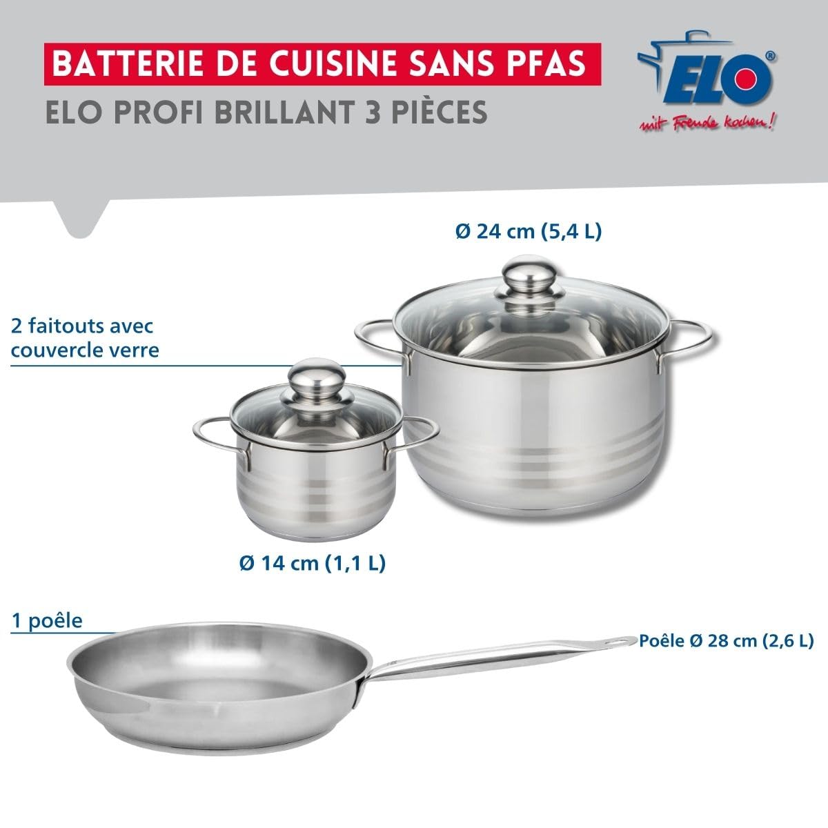 Elo Batterie cuisine poêle 28 cm et 2 faitouts 14/24 cm