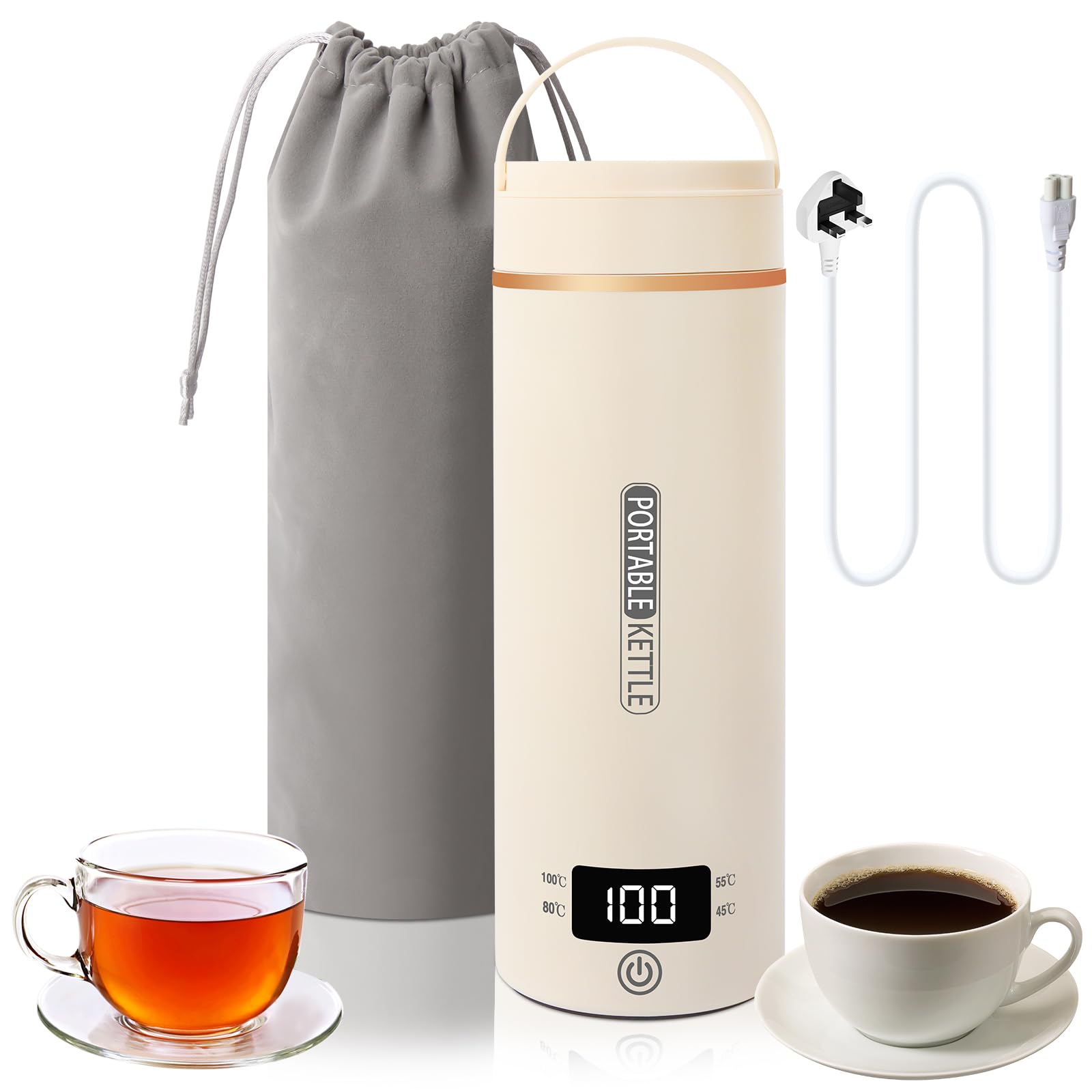 Hervidor agua electrico viajar de 0,5 litros para vacaciones, portátil, ligero, de acero inoxidable 316, potencia de 300 W, apagado automático para té/leche para bebés/café (beige)