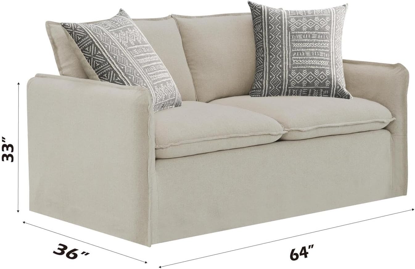 Beige Linen Loveseat with Removable Cushions and Wood Frame
