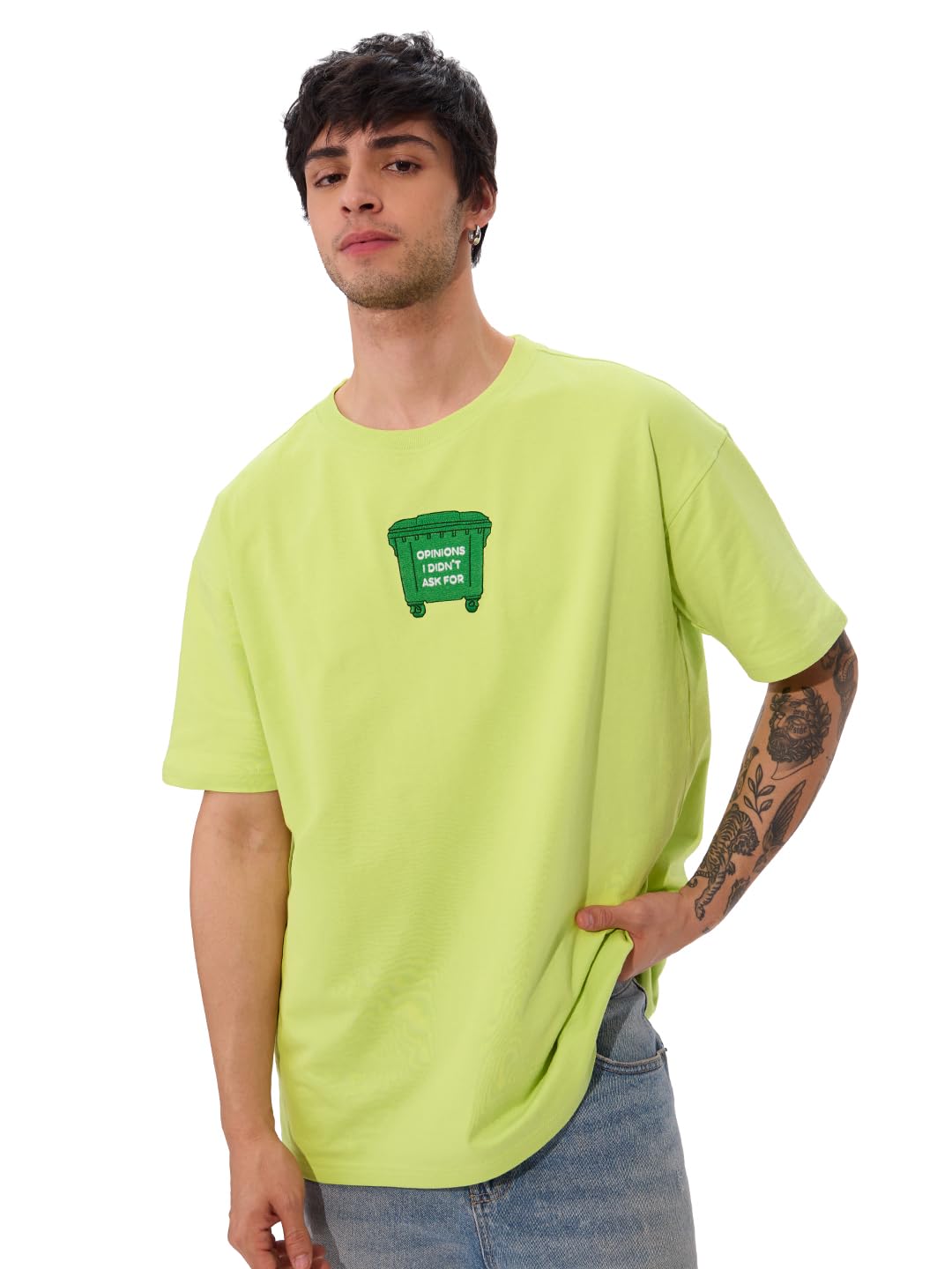the souled store Trash Opinion Men and Boys Short Sleeves Round Neck Green Embroidered Cotton Oversized T-Shirts-picture-55