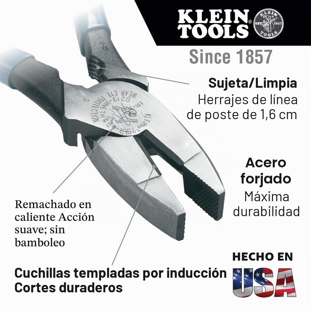 Klein Tools HD213-9NETH Lineman - Alicates de corte lateral, fabricados en Estados Unidos, de gran tamaño, resistentes, de alto apalancamiento, 22,8 cm