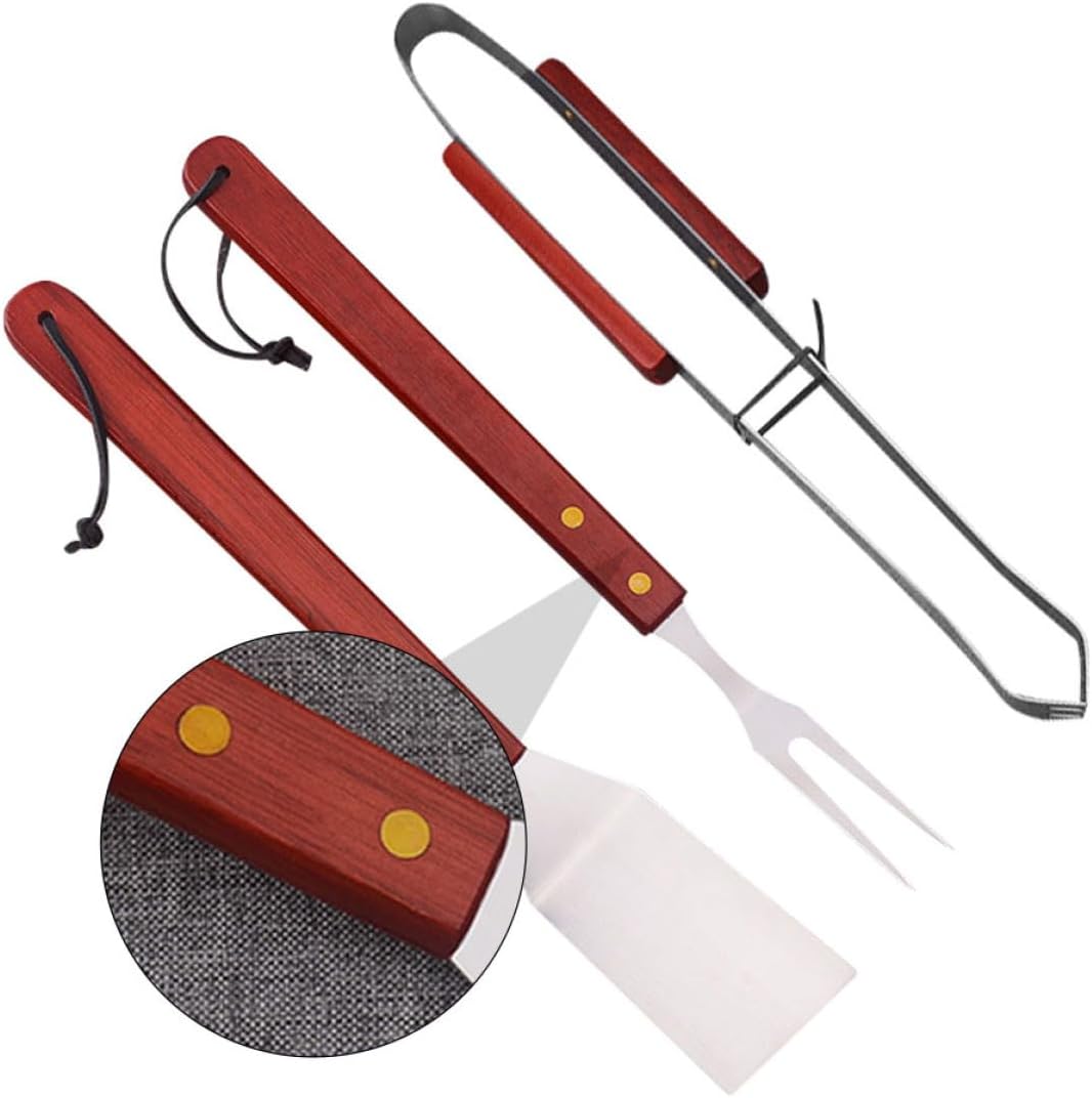 3 Piece Barbecue Grill Utensils Set with Wood Handles