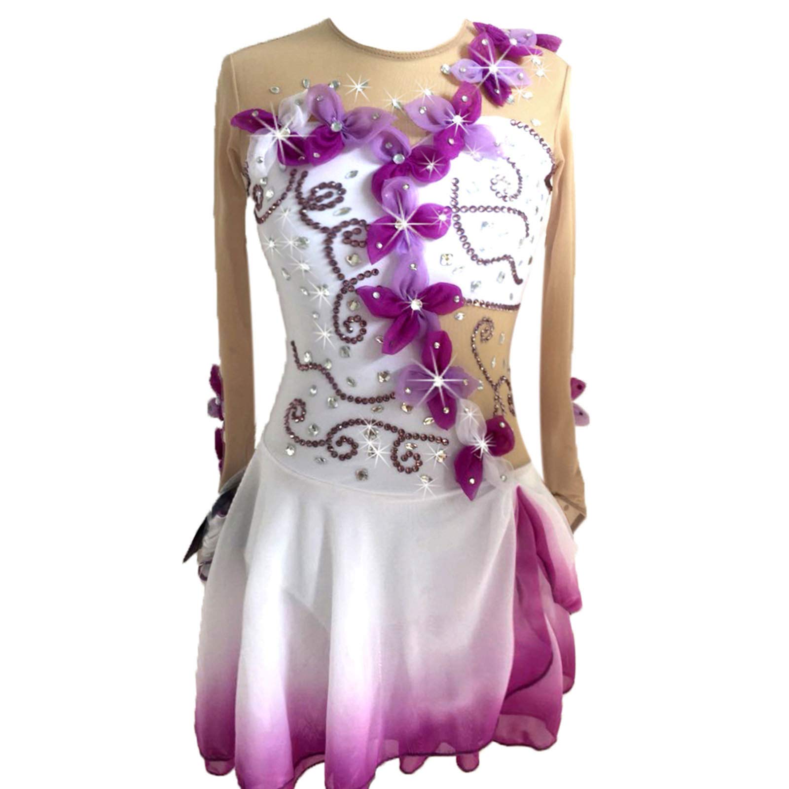 Vestido De Patinaje Artístico para Mujeres Y Niñas Vestido De Patinaje Cuello Redondo, Competición De Corativas para Niños,Pink-XS